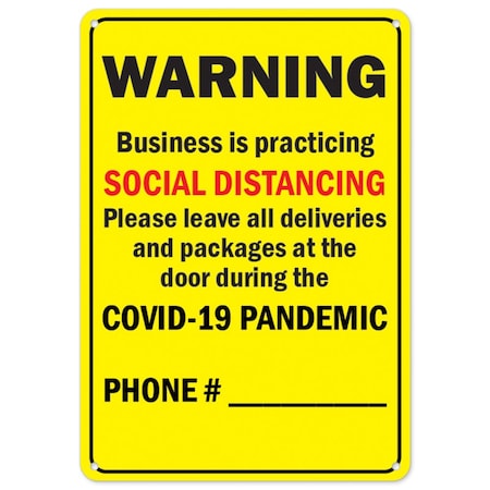 Public Safety Sign, Warning Business Is Practicing Social Distancing, 18in X 12in Rigid Plastic